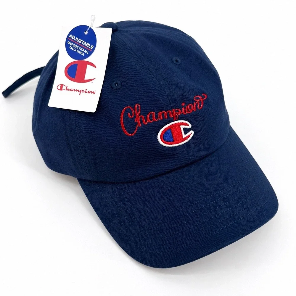 Champion Script Logo Baseball Cap Navy Blue Adjustable Dad Hat NWT One Size